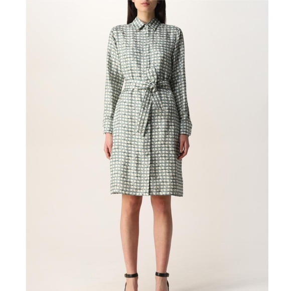 MaxMara Dresses & Skirts - MaxMara Cupid Vampata Monogram Silk Button Front Belted Shirt Dress Size Small